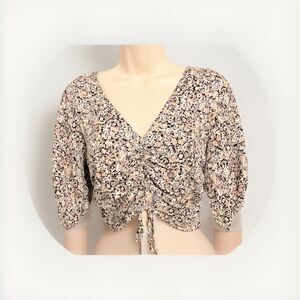 Lush Crop Smocked  Top Puffed Sleeve Black Purple‎  Rayon  Size S Women’s